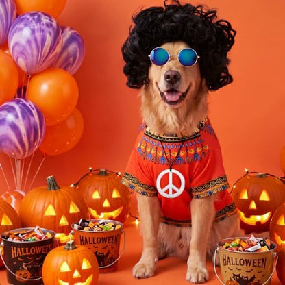 Kinlop 4 Pcs Hippie Dog Costume Halloween Pet Costume Accessories Includes 60s 70s African Dashiki T-Shirt Afro Wig Peace Sign Necklace and Sunglasses for Party Dress Up(XL) - Image 6