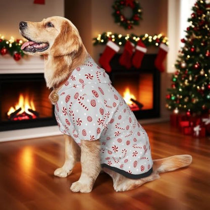 Christmas Dog Hoodie, Grey Candy Cane Print, with Leash Hole - Image 5