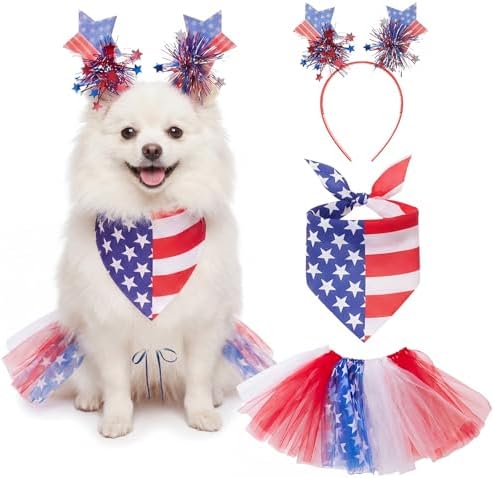 Huhumy 3 Pcs July 4th Dog Outfit Patriotic Flag Bandana Tutu Headband by Huhumy