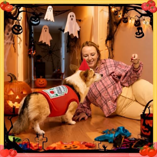 2 Pcs Halloween Dog Costume Set 4XL Tomato Ketchup Themed Pet Outfit with Matching Cone Hat Sleeveless Printed Tank Top for Medium Large Dogs Holiday Party Dress Up - Image 6