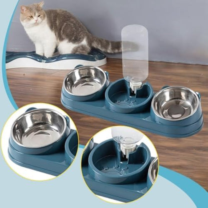 Triple Cat Bowls Pet Feeder with Water Dispenser 15° Tilted Wet and Dry Food Bowl Set for Small Dogs and Cats- Dark Blue