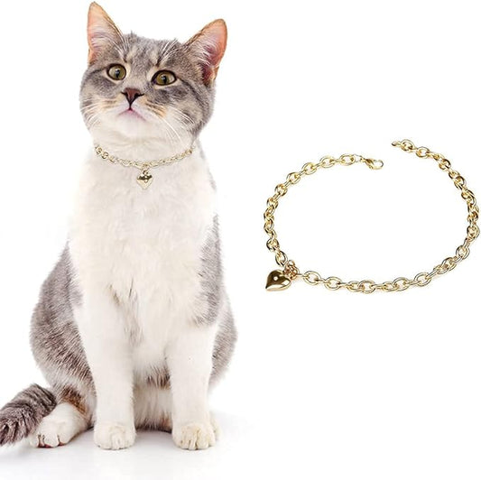 HOWWFALY Dog Collar and Cat Chain Necklace Stainless Steel Adjustable 18K Gold Heart-Shaped Necklace for Small Pets Cats Kitten Puppy (Gold, 10 inch)