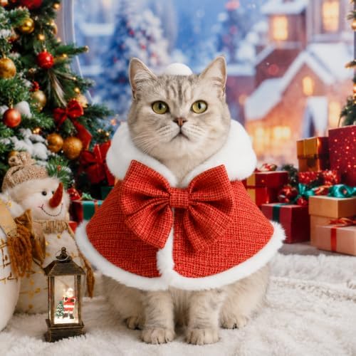 Christmas Pet Costume Santa Cape, Christmas Cat Costume & Dog Christmas Costume for Cats and Small Dogs, Plush Santa Hooded Pet Clothes with Red Cape White Fur Trim, Holiday Cosplay, Large - Image 2