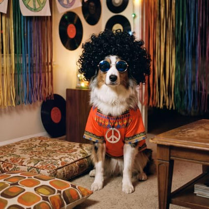 Kinlop 4 Pcs Hippie Dog Costume Halloween Pet Costume Accessories Includes 60s 70s African Dashiki T-Shirt Afro Wig Peace Sign Necklace and Sunglasses for Party Dress Up(L) - Image 2
