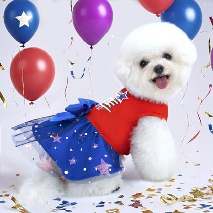 XPUDAC 4th of July Tulle Dog Dress Patriotic Clothes Doggie Outfit with Bow Independence Stars Skirt Pet Holiday Apparel for Small Dog Girl Cat, M - Image 2