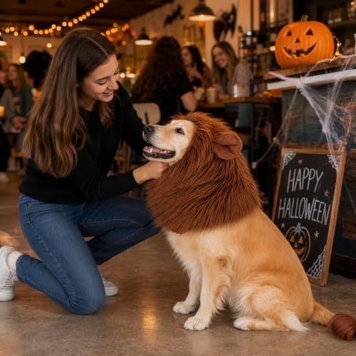 Lion Mane for Dog, Dog Halloween Costumes Set with Brown Wig and Tail - Image 5
