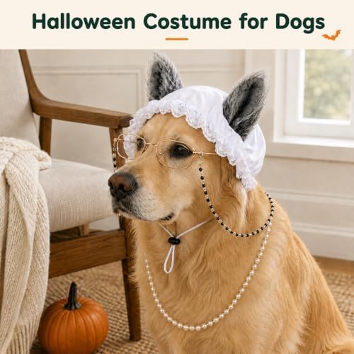 3 Pcs Dog Wolf Costume, Mop Cap Pearl Necklace Granny Glasses - Image 5