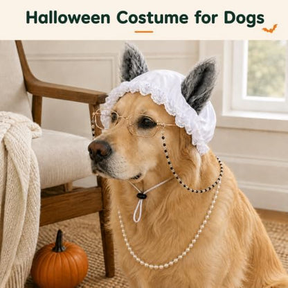 3 Pcs Dog Wolf Costume, Mop Cap Pearl Necklace Granny Glasses - Image 5