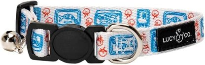Lucy & Co. Tinned Fish Breakaway Cat Collar with Bell – Designer Print Adjustable Safety Collar for Cats, Kittens & Small Dogs, Lightweight Pet Collar for Boy & Girl Cats – Large