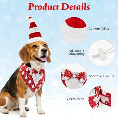 Christmas Snowman Pattern Dog Adjustable Tuxedo with Red White Stripe Santa Hat Xmas Puppy Costume Set Christmas Themed Outfits for Cats Puppy Dog L - Image 5