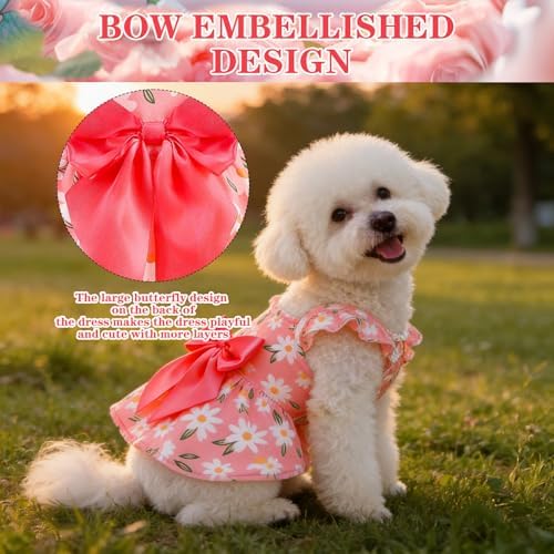 EXPAWLORER Dog Dress with Sleeve Ruffles, Floral Pet Dresses with Bow Tie for Small Meduim Dogs Puppy Cats Girl, Cute Princess Dog Dresses Skirt Clothes Outfits for Spring Summer, Pink S - Image 5