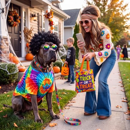 Kinlop 4 Pcs Hippie Dog Costume Halloween Pet Costume Accessories Includes 60s 70s Colorful Tie Dye T-Shirt Funky Wig Peace Sign Necklace and Sunglasses for Party Dress Up(XL) - Image 6