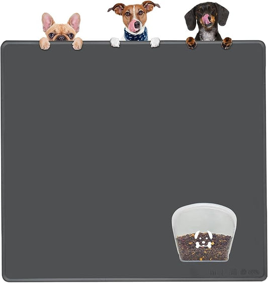 Extra Extra Large Silicone Dog Food Mat 39.4×43.3in and 128oz Silicone Bag Set, Super Size Waterproof Pet Feeding Mat & Container, Non-Slip, Chew-Resistant Floor Protection (Dark Grey&Clear)