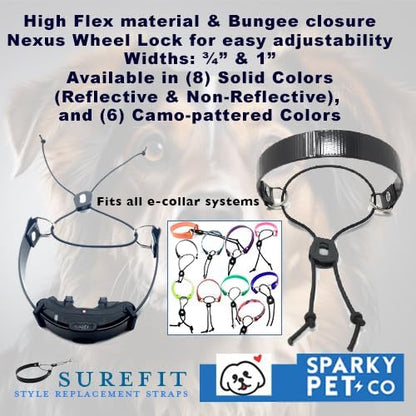 Sparky Pet Co - Surefit ECollar Replacement Strap Bungee Dog Collar Waterproof - Adjustable - Secure Nexus Wheel Lock for Electronic Training & Invisible Fence Systems - 3/4" (Reflective Black)