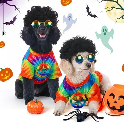 Kinlop 4 Pcs Hippie Dog Costume Halloween Pet Costume Accessories Includes 60s 70s Colorful Tie Dye T-Shirt Funky Wig Peace Sign Necklace and Sunglasses for Party Dress up (M) - Image 5