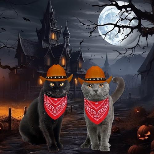 Pet Cowboy Costume, Cat Dog Halloween Costumes Halloween Pet Cat Dog Cowboy Hat with Bandana Scarf for Cats Small Dogs Pets (Brown, Small) - Image 2