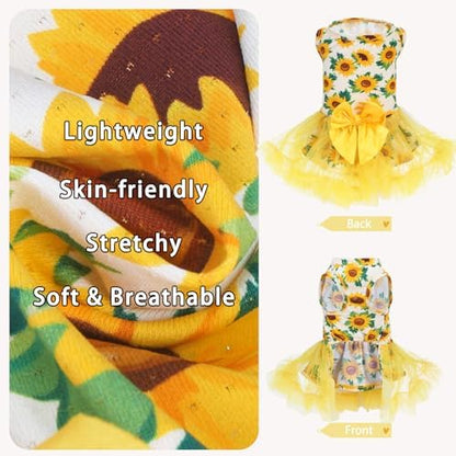 PUPTECK Breathable Stretchy Dog Dress with Tutu Skirt and Bow, Yellow M - Image 3