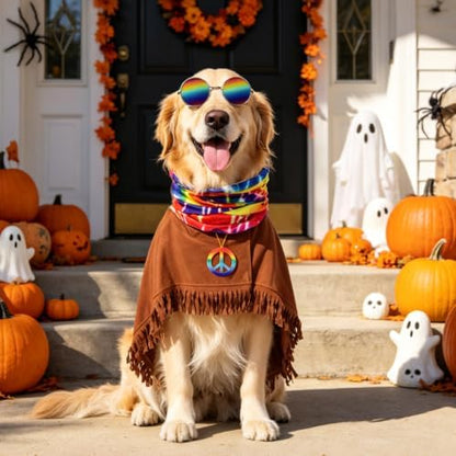 SCENEREAL 4 Pcs Hippie Dog Halloween Costume, Poncho Sunglasses Scarf - Image 7