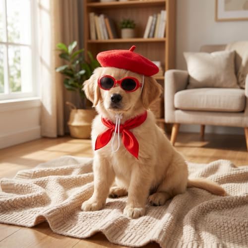 Dog Beret Scarf Glasses Pet French Beanie for Small Dogs Cats(Red, Small) - Image 5