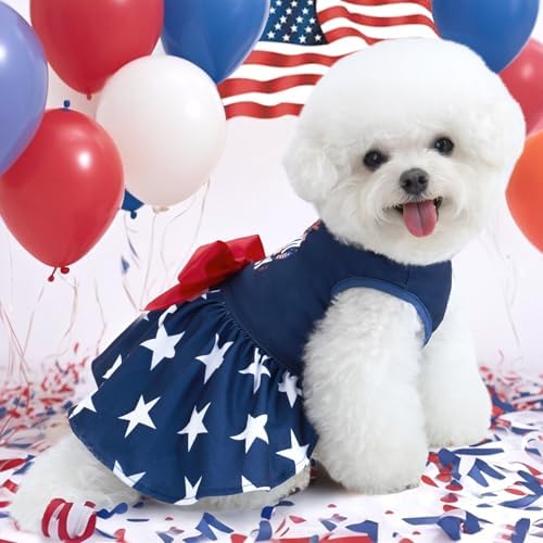 XPUDAC 4th of July Dog Dress Patriotic Clothes Stars Skirt with Bow Independence Day Doggie Outfit Pet Holiday Apparel for Small Dog Girl Cat, M - Image 3