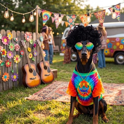 Kinlop 4 Pcs Hippie Dog Costume Halloween Pet Costume Accessories Includes 60s 70s Colorful Tie Dye T-Shirt Funky Wig Peace Sign Necklace and Sunglasses for Party Dress Up(XXL) - Image 4