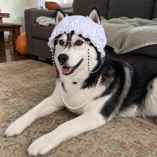 3 Pcs Dog Grandma Costume, Old Lady Mop Cap Pearl Necklace Granny Glasses - Image 5