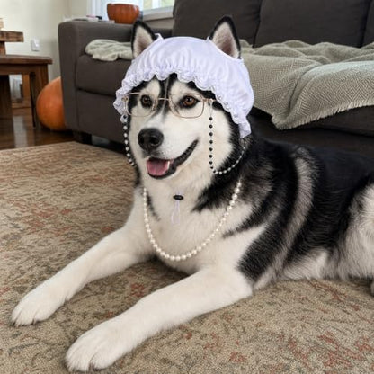 3 Pcs Dog Grandma Costume, Old Lady Mop Cap Pearl Necklace Granny Glasses - Image 5
