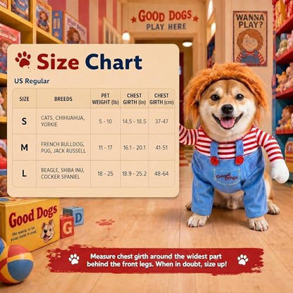 Deadly Doll Dog Costume for Small Medium Large Dogs, Funny Pets Cosplay Halloween Dog Clothes for Party, Walking Illusion Puppy Outfit with Wig and Knife - Image 2