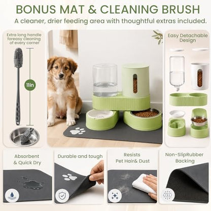 Gravity Cat Feeder 2 Pack Automatic Food Feeder Stainless Steel Water Dispenser Set 360° Rotatable Pet Bowls with Silicone Mat and Brush for Cats Small Medium Dogs, Large Capacity(Green)