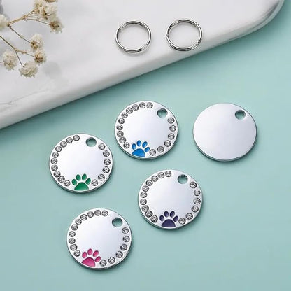 Personalized Dog/Cat Cute Paw Pet ID Tag for Pet Collar or Key Chain - Custom Laser Engraved Unique Dog/cat Name tag with Phone Number (Pink, Crystals Round-Small)