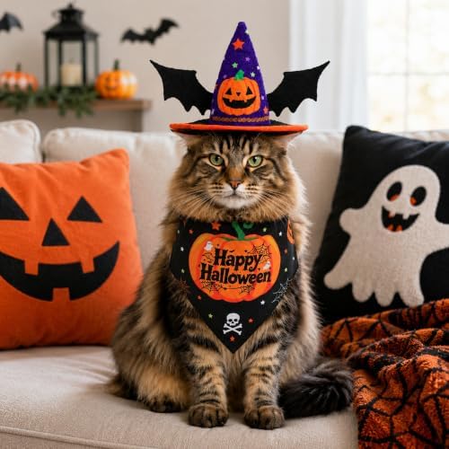 2 Pcs Halloween Pet Hat Bandana Set, Witch Pumpkin Costumes for Dogs - Image 5