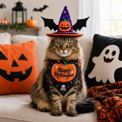 2 Pcs Halloween Pet Hat Bandana Set, Witch Pumpkin Costumes for Dogs - Image 5