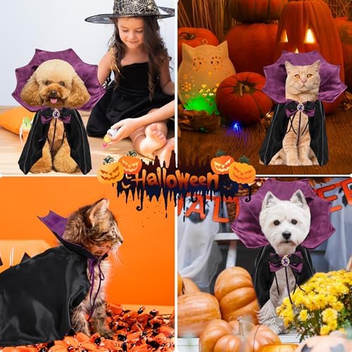 Dog Halloween Costume Cape Vampire Cloak with Bow Tie (Purple, SM) - Image 6