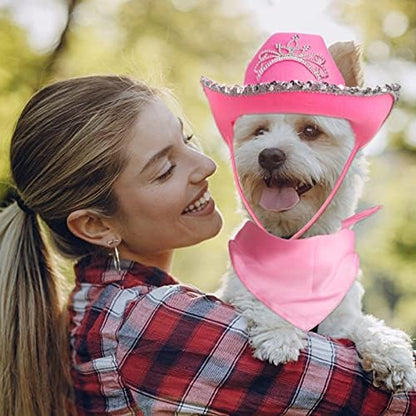 Yewong Pet Pink Cowboy Hat Costume Accessory Set Dog Cat Size Pink Cowgirl Princess Hat with Crown Tiara Bandana/Scarf for Cat Puppy Western Costume Daily Wearing Photo Props (Set C) - Image 6