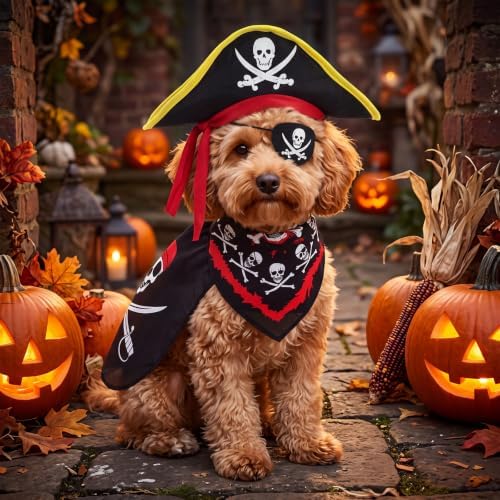 Huhumy 4 Pcs Dog Pirate Costume Hat Cape Bandana, Black, Small - Image 3