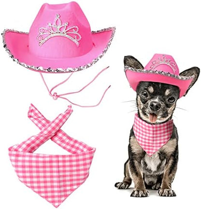 Yewong Pet Pink Cowboy Hat Costume Accessory Set Dog Cat Size Pink Cowgirl Princess Hat with Crown Tiara Bandana/Scarf for Cat Puppy Western Costume Daily Wearing Photo Props (Set B) by Yewong