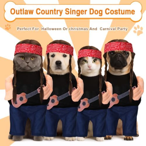 Huhumy Halloween Country Singer Dog Costume Guitar Wig Bandana for Dog, XXL - Image 3