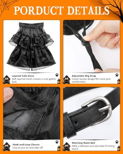 Dog Halloween Costume with Braided Wig, Gothic Black Tulle Dress and Belt Set for Small Medium Dogs, Creepy Cute Pet Cosplay Outfit for Puppy Cats, Spooky Party Apparel - Image 3