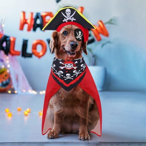 Huhumy 4 Pcs Dog Pirate Costume Hat Cape Bandana, Red, Medium - Image 3