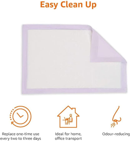 Amazon Basics Cat Pee Pads, Odor Control, Super Absorbent, Disposable, Universal Fit for Litter Box, Unscented, Multi-Cat, White/Purple, 80 Count