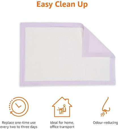 Amazon Basics Cat Pee Pads, Super Absorbent, Odor Control with Fresh Scent, Universal Fit for Litter Box, Multi Cat, Disposable, White/Purple, 100 Count