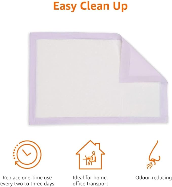 Amazon Basics Cat Pee Pads, Odor Control, Super Absorbent, Disposable, Universal Fit for Litter Box, Unscented, Multi Cat, White/Purple, 60 Count