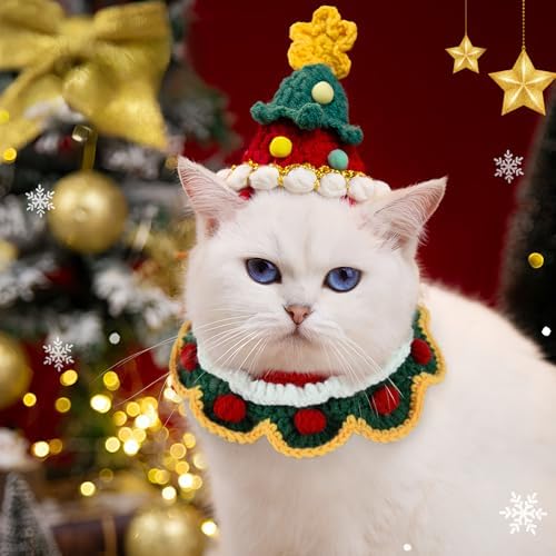 4 Pcs Christmas Knitted Dog Cat Adjustable Collars Hats Pet Costume Crochet Santa Hats Outfit Winter Puppy Kitten Beanie Holiday Party Dress Up Props Handmade Soft Wool Photo Shoot Props Xmas Gifts - Image 6