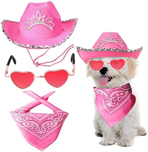 Yewong Pet Pink Cowboy Hat Costume Accessory Set Dog Cat Size Pink Cowgirl Princess Hat with Crown Tiara Bandana/Scarf Sunglasses for Cat Puppy Western Costume Daily Wearing Photo Props by Yewong