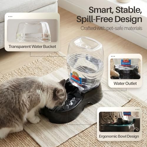 Flexzion Gravity Pet Water Dispenser for Cats & Small Dogs, 3/8 Gal, Black