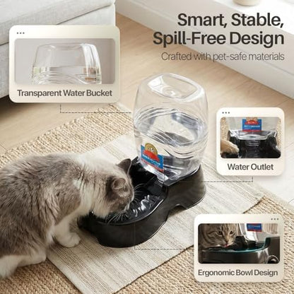 Flexzion Gravity Pet Water Dispenser for Cats & Small Dogs, 3/8 Gal, Black