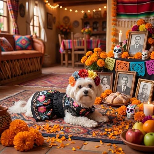 FLAdorepet Day of The Dead Dog Mexican Dress Costume Outfit and Headband,M - Image 4