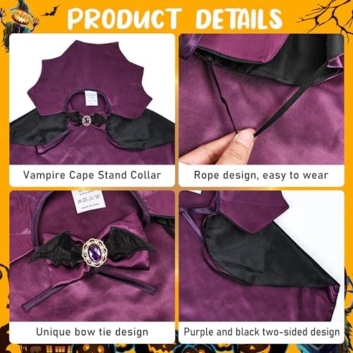 Dog Halloween Costume Cape Vampire Cloak with Bow Tie (Purple, SM) - Image 3
