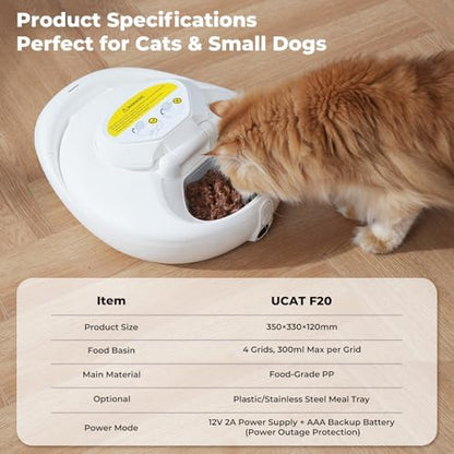 UBPET Smart Automatic Cat Feeder with Cooling & Heating, APP Control Dual-Temp Feeder for Wet/Dry/Raw Food, 24H Freshness, 4-Grid Tray, Anti-Pinch for Cats & Small Dogs (2-10kg)