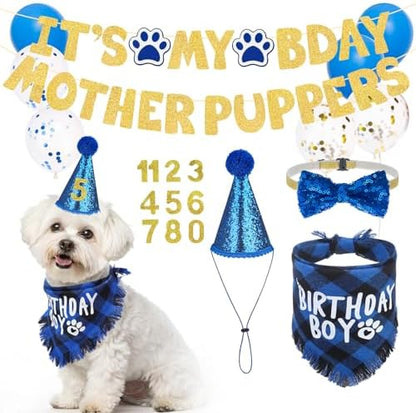 SCENEREAL Dog Birthday Party Supplies, Dog Birthday Bandana Hat Bow Tie Collar Set with Birthday Numbers, Pet Birthday Scarf Accessories Outfit Decorations for Boy Girl Medium Large Dogs by SCENEREAL